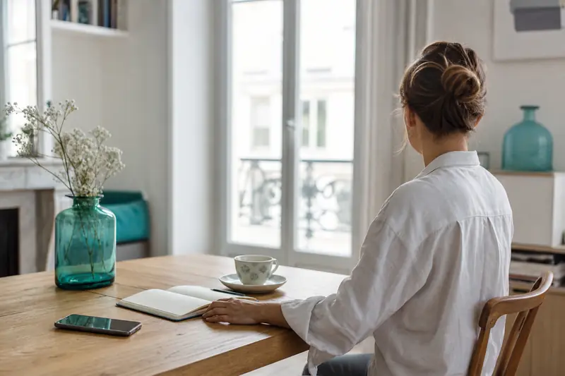 Femme face à un téléphone silencieux dans une cuisine lumineuse