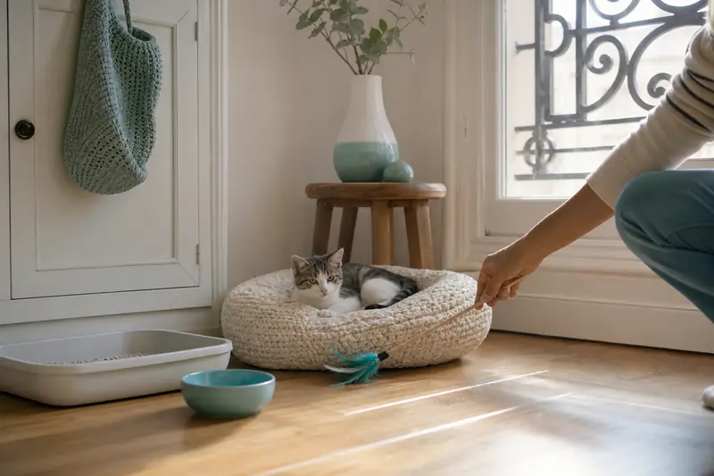 Chaton dans un coin rassurant avec litière, eau et jouet à plume