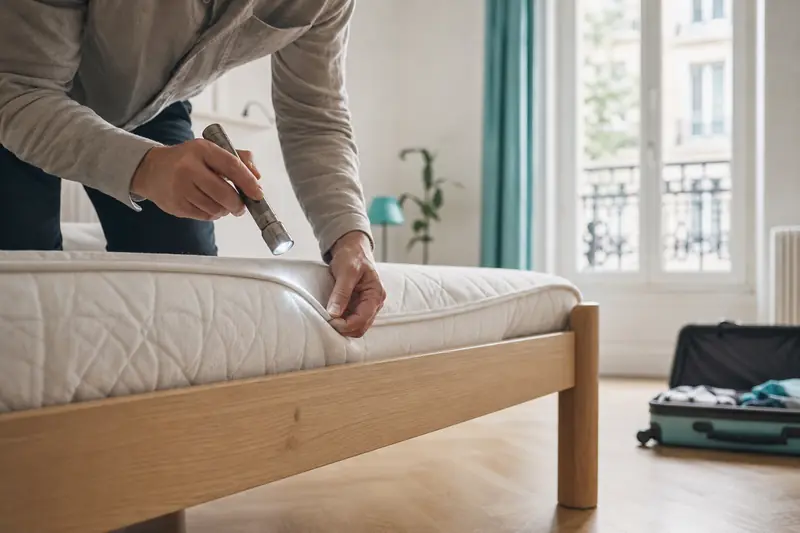 Inspection d’un matelas pour repérer des punaises de lit dans une chambre