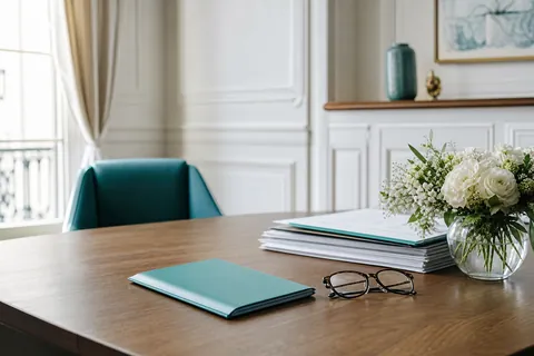 Livret bancaire fermé, lunettes et documents posés sur le bureau d'un notaire près d'un bouquet blanc