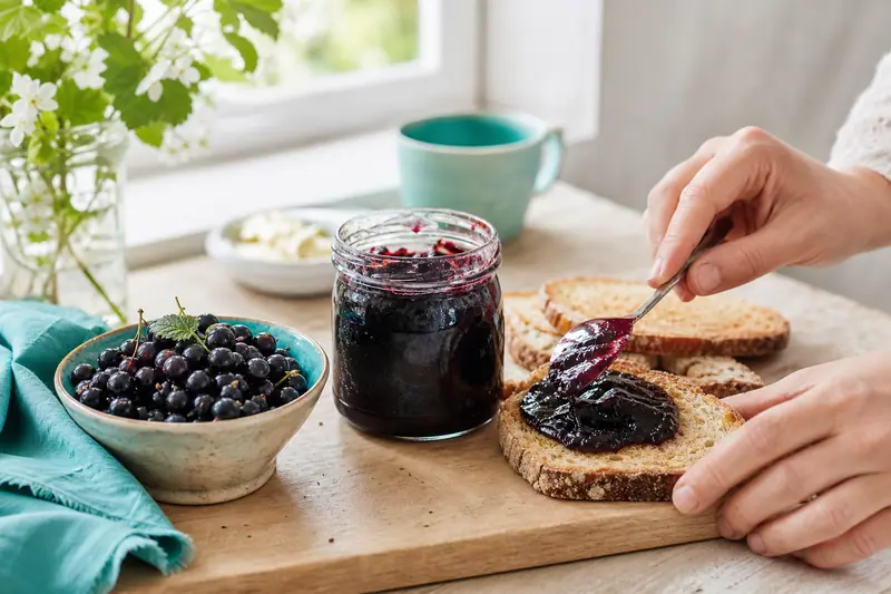Pot de confiture de cassis et tartine sur une table de petit-déjeuner