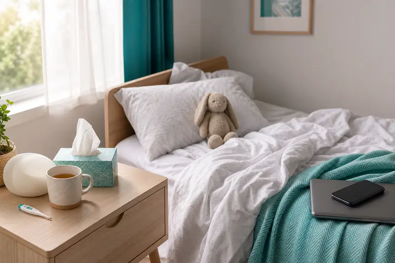 Chambre d'enfant avec couette défaite, thermomètre, tisane et ordinateur portable posé sur le lit
