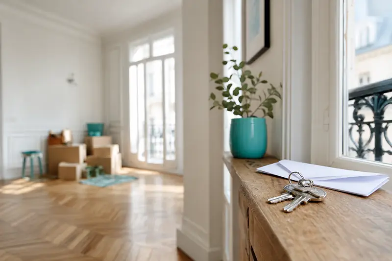 Salon d'appartement vide avec un trousseau de clés et une lettre posés sur le rebord de fenêtre