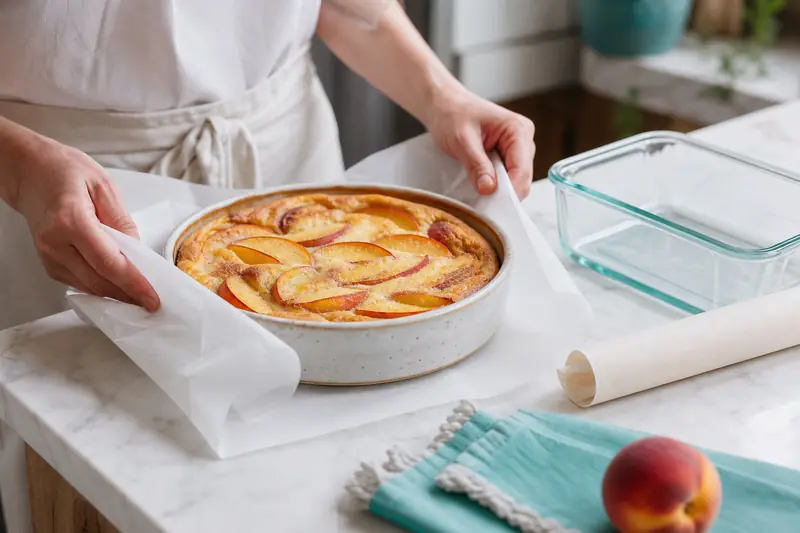 Clafoutis aux pêches cuit emballé soigneusement avant sa congélation