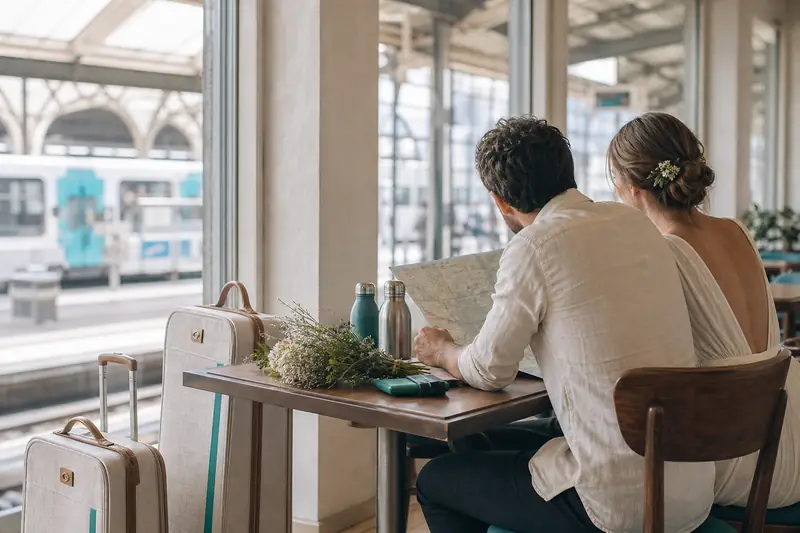 Couple préparant un voyage de noce écoresponsable avec train et bagages légers