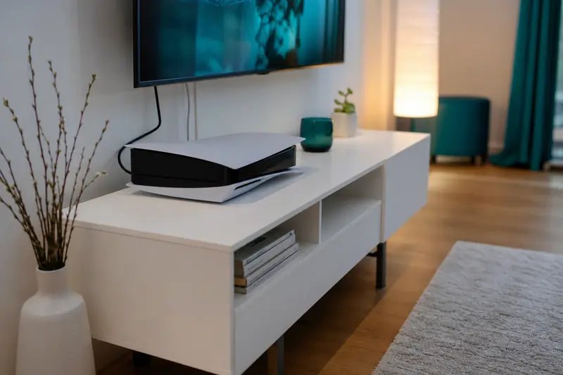 Console de jeu de salon posée sous un téléviseur avec câbles apparents