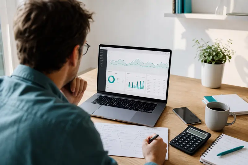 Consultante Google Ads analysant des performances publicitaires sur ordinateur portable.
