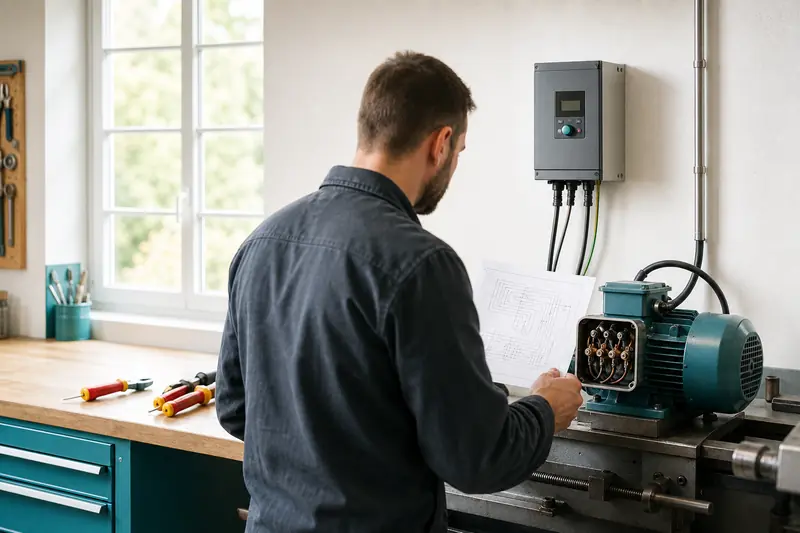 Variateur reliant une alimentation monophasée à un moteur triphasé dans un atelier.