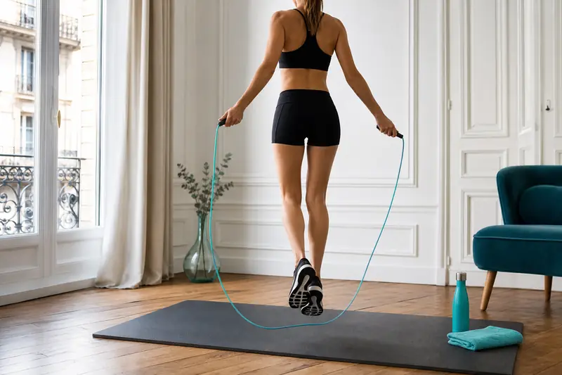 Personne faisant de la corde à sauter sur un tapis de fitness à domicile.
