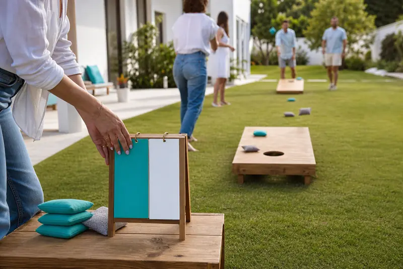 Partie de cornhole entre amis avec planches et sacs dans un jardin