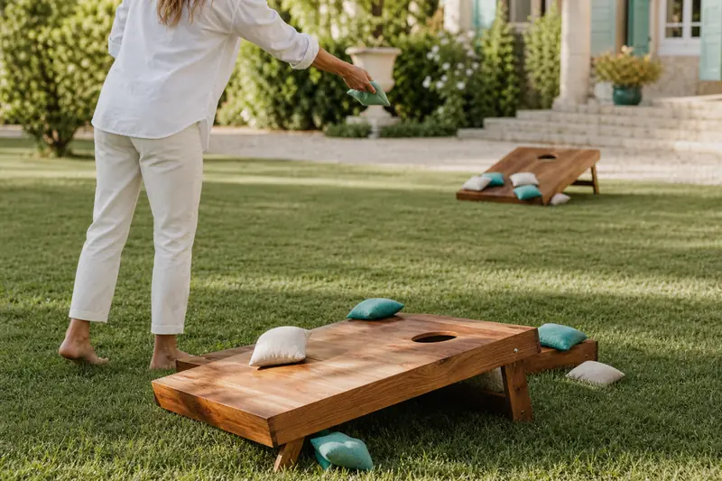 Deux plateaux de cornhole en bois massif installés dans un jardin.