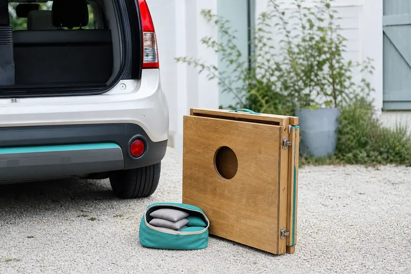 Set de cornhole plié avec sacs rangés près d’un coffre de voiture