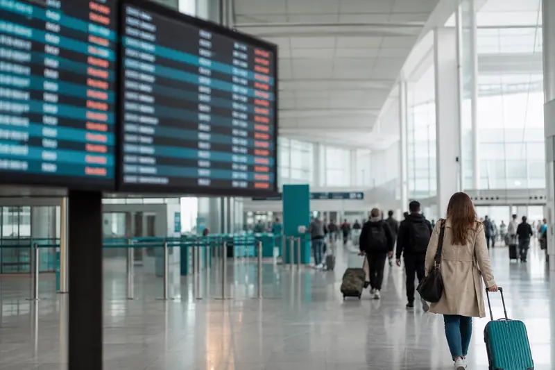 Panneau d'affichage des vols dans un aéroport avec des passagers en arrière-plan