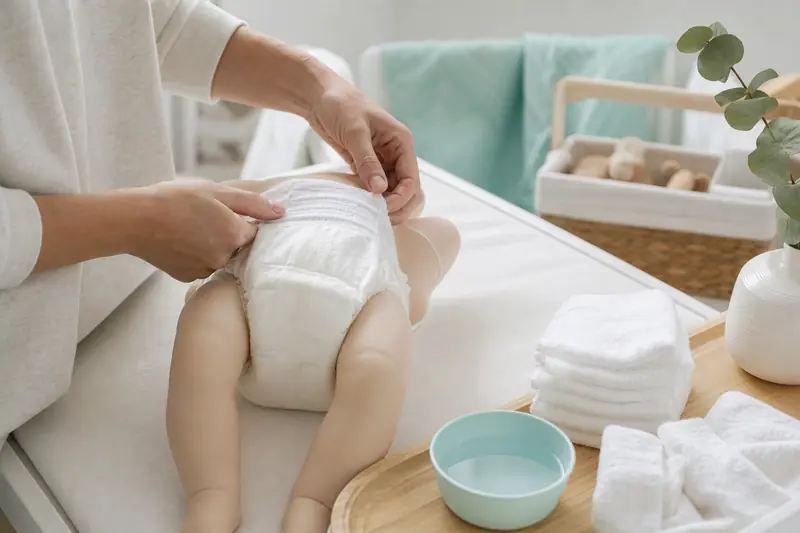 Ajustement d’une couche bébé sur une table à langer lumineuse.