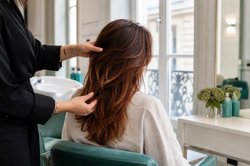 Chevelure auburn brillante aux reflets cuivrés dans un salon de coiffure lumineux