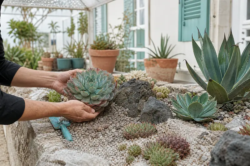 Jardin de succulentes rares dans une rocaille minérale abritée de la pluie.
