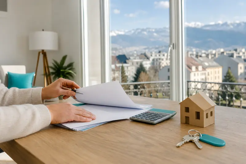Dossier de crédit immobilier posé dans un appartement neuf en Auvergne-Rhône-Alpes.