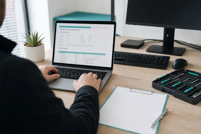 Technicien préparant un rapport d’intervention informatique sur ordinateur portable au bureau