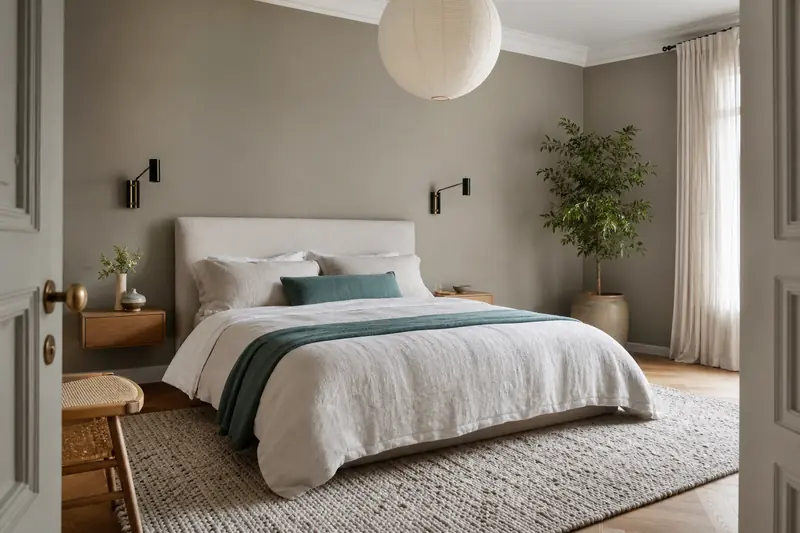 Chambre parentale chaleureuse avec lit en lin, éclairage doux et rangements discrets
