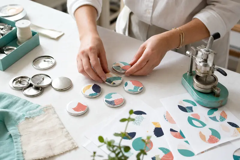 Création de pin's rond personnalisé avec presse et visuels sur un atelier lumineux