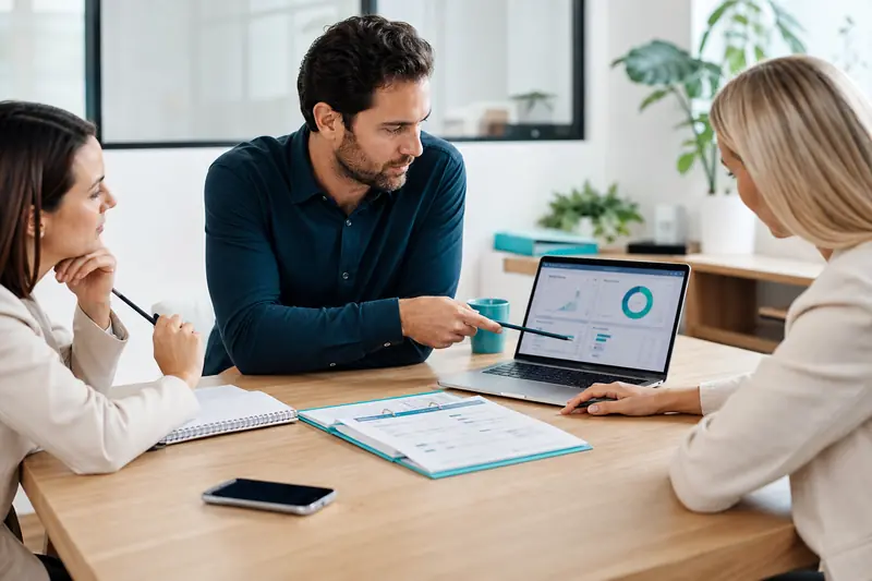 Équipe commerciale utilisant un CRM sur ordinateur dans un bureau lumineux