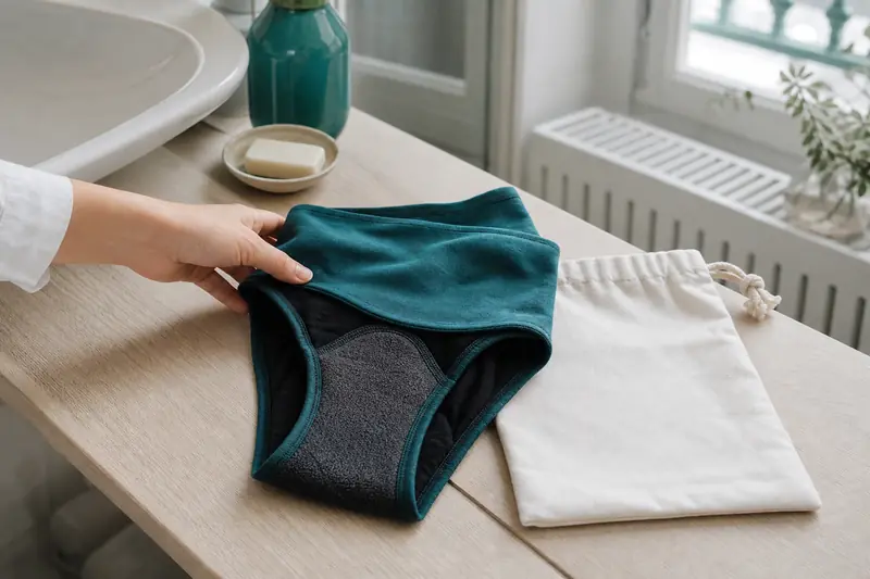 Culotte menstruelle lavable pliée sur un banc de salle de bains lumineux