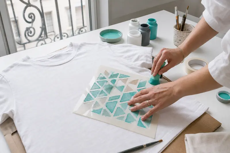 Customisation d'un tee-shirt blanc à la peinture textile avec pochoir géométrique