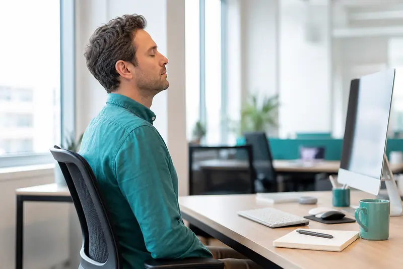 Employée pratiquant une respiration calme à son bureau pour réduire le stress.