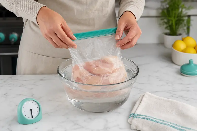Poulet en sachet hermétique décongelant dans un saladier d’eau froide