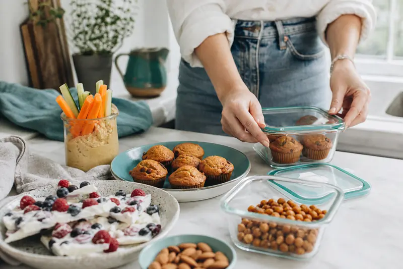 Assortiment de snacks sains maison préparés dans une cuisine lumineuse.