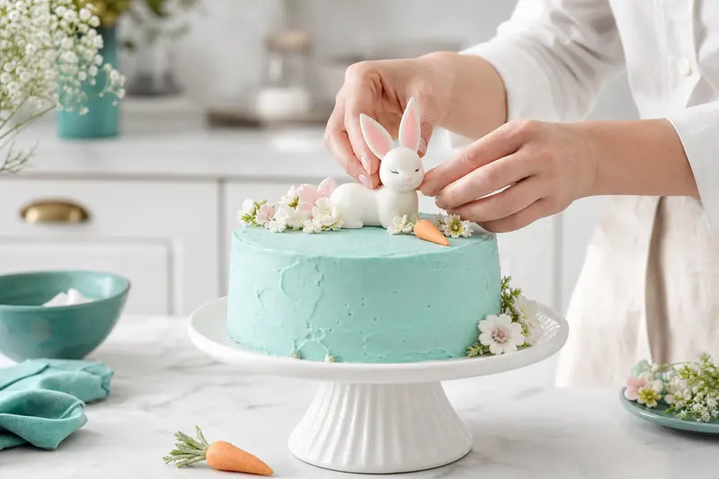 Petit lapin en pâte à sucre posé sur un gâteau pastel décoré.