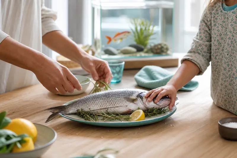 Poisson en espagnol illustré par un repas et un aquarium familial