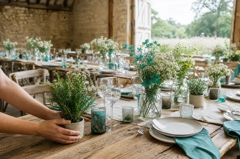 Préparation d’un mariage champêtre éco-responsable dans une grange avec tables réemployables.