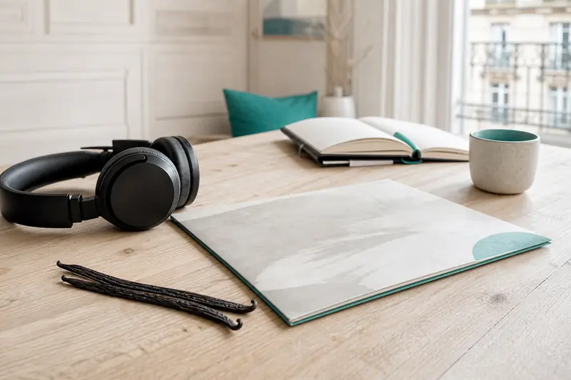 Casque audio, gousses de vanille et vinyle pour illustrer les chanteurs et la vanille.