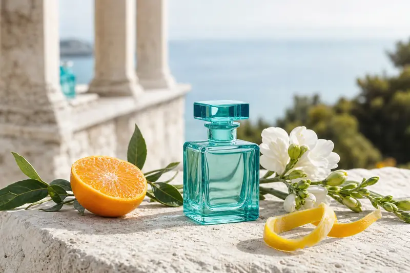 Flacon turquoise illustrant le parfum Dylan Turquoise de Versace avec agrumes et freesia