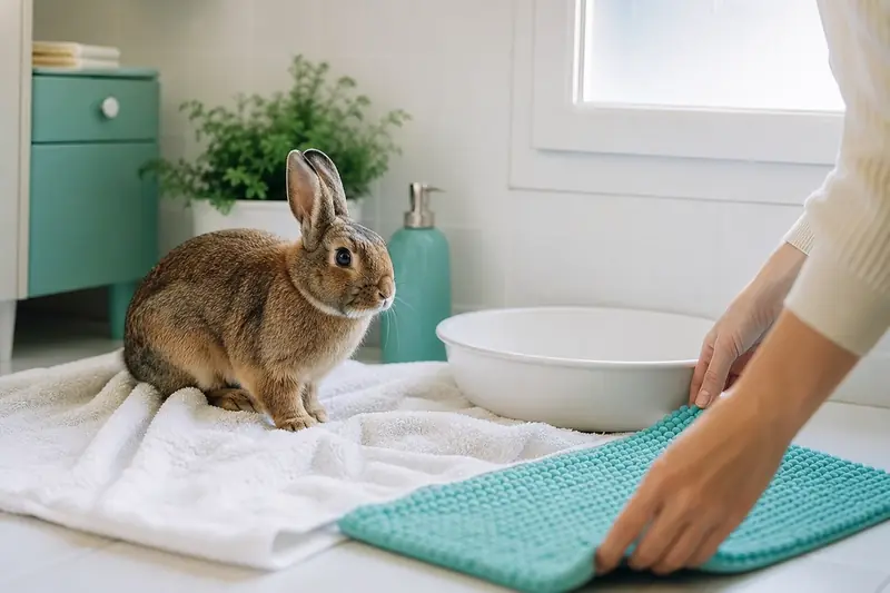 Un lapin domestique près d’une bassine vide dans une salle de bains.