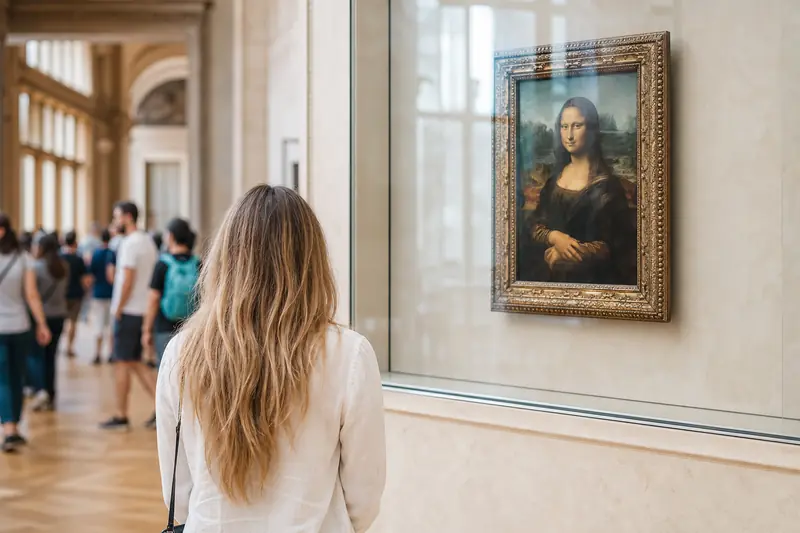 Visiteur observant la Joconde protégée derrière une vitre au musée du Louvre