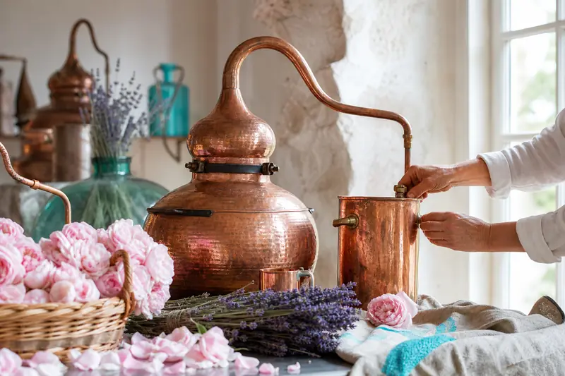 Alambic en cuivre et fleurs fraîches pour la distillation des parfums à Grasse