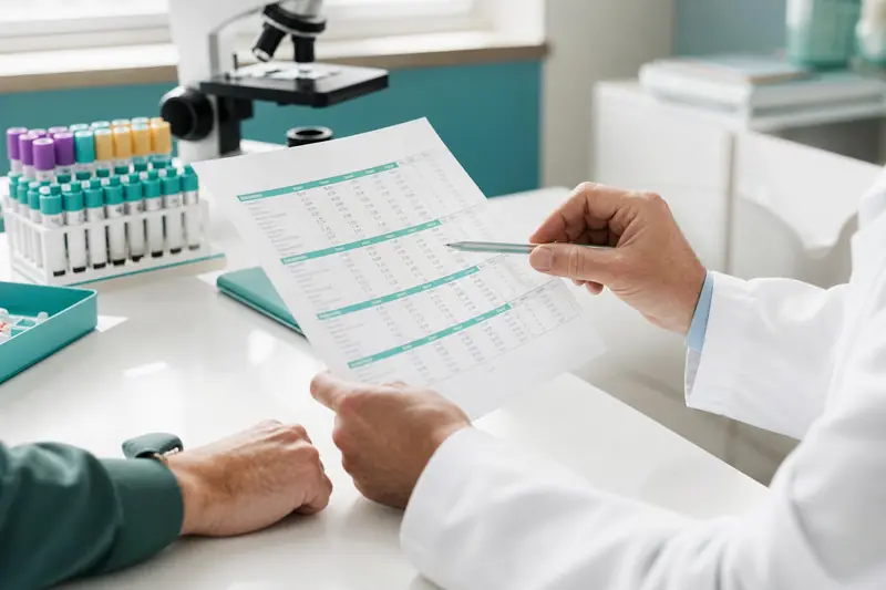 Consultation médicale autour d’une analyse sanguine montrant une baisse des lymphocytes