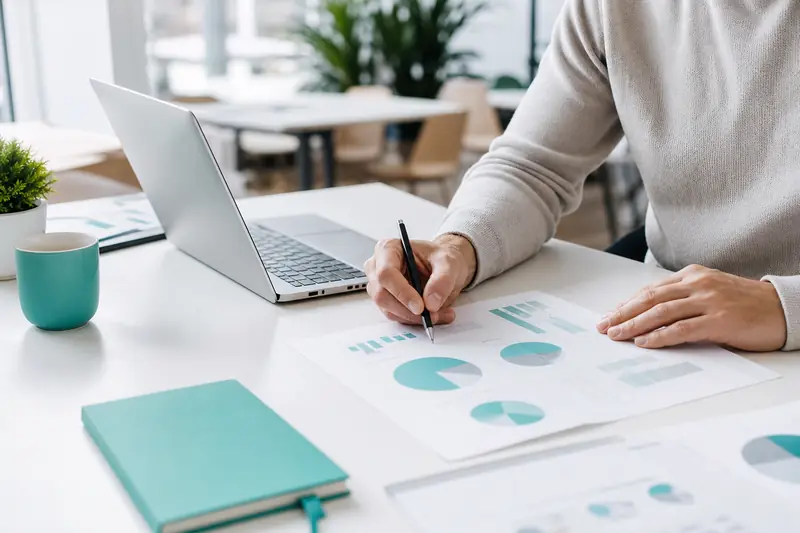 Personne travaillant sur un plan d'affaires avec un ordinateur portable dans un espace de travail lumineux