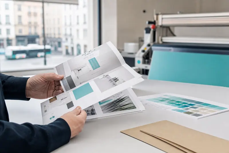 Dépliants commerciaux pliés et échantillons papier dans un atelier d’impression à Lyon.