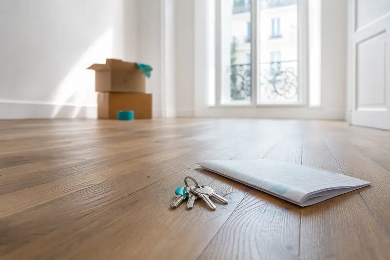 Jeu de clés posé sur un état des lieux papier dans un appartement vide et lumineux