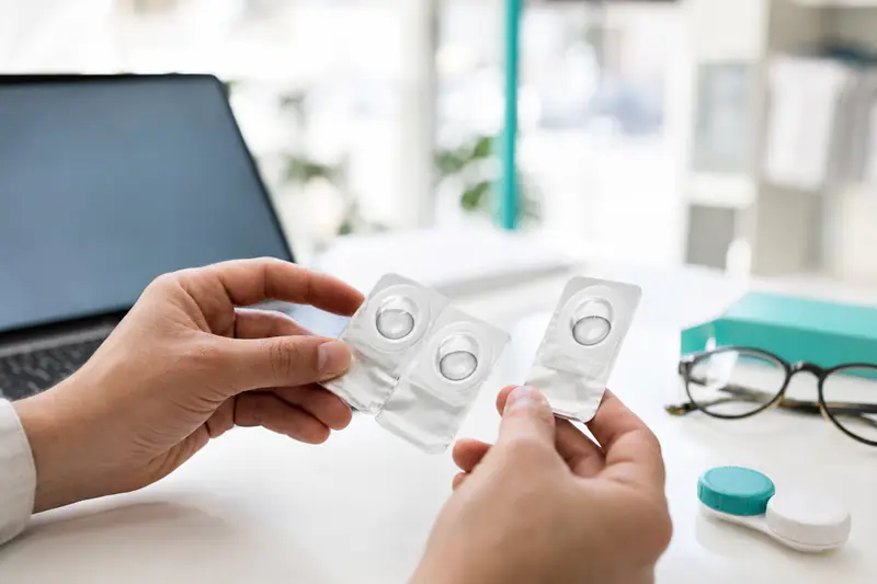 Comparaison de lentilles de contact scellées sur un comptoir d’optique professionnel