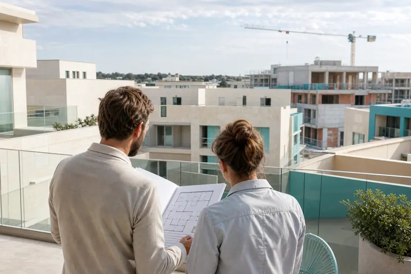 Acheteurs observant un programme immobilier neuf depuis une terrasse à Montpellier.
