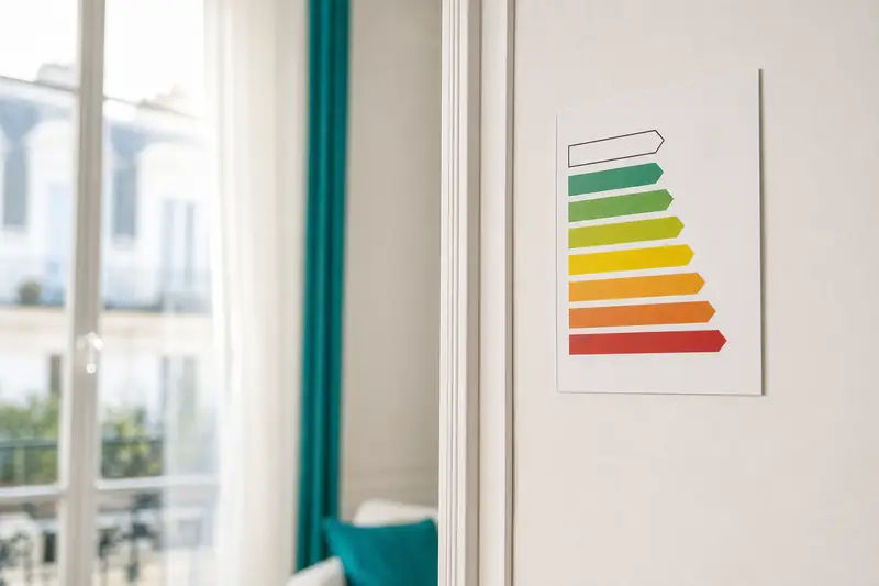 Étiquette énergétique colorée affichée sur le mur d'un logement