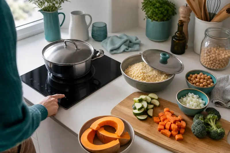 Préparation d’un dîner économe en énergie avec casserole couverte et légumes frais