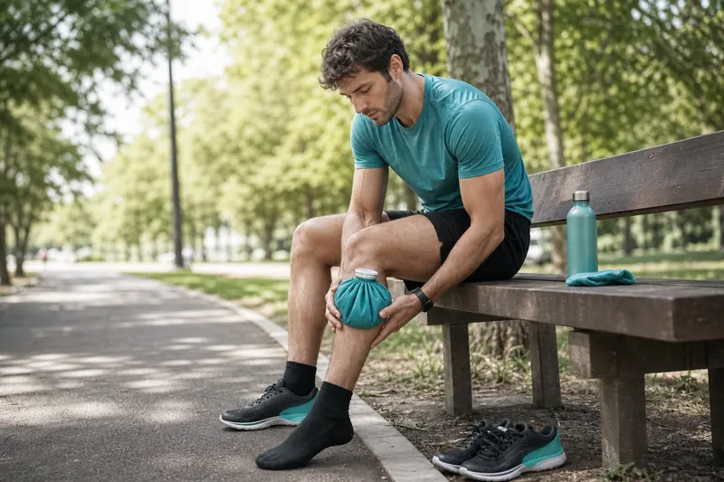 Coureuse appliquant une poche froide sur une douleur au mollet après l’effort