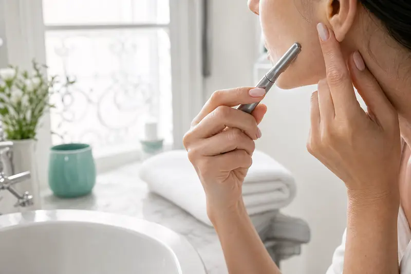Épilation douce du duvet visage avec une tondeuse de précision.
