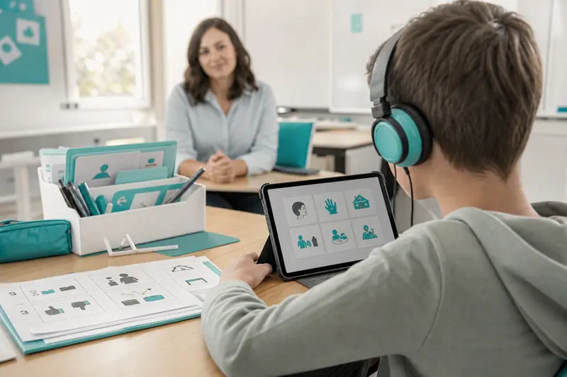 Élève utilisant une tablette et un casque pour compenser sa dyslexie en classe.