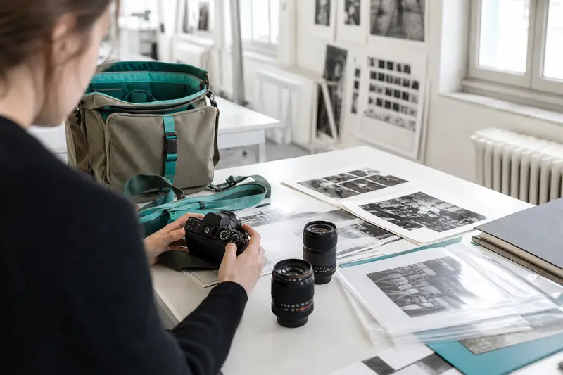 Étudiante préparant son matériel dans une école de photographie lumineuse.